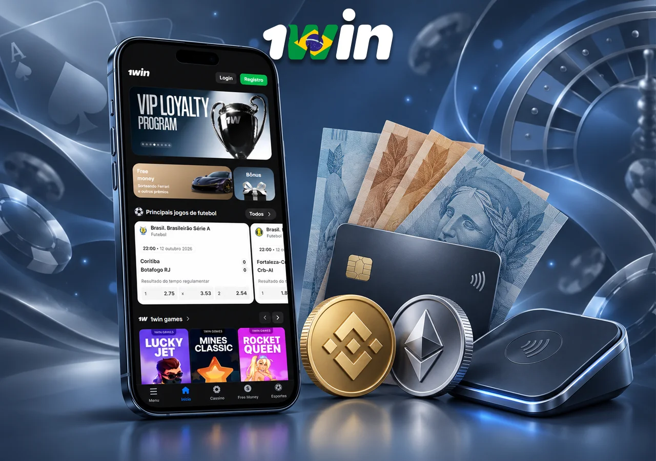 Notas de reais, cartão e moedas de Bitcoin e Ethereum cercam o celular